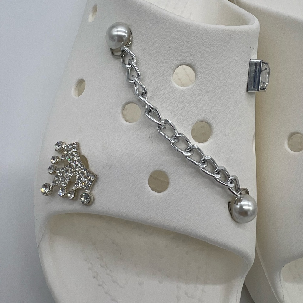 Crocs Classic White Platform Summer Slide Sandals with Silver Chain & Rhinestone - Picture 6 of 15